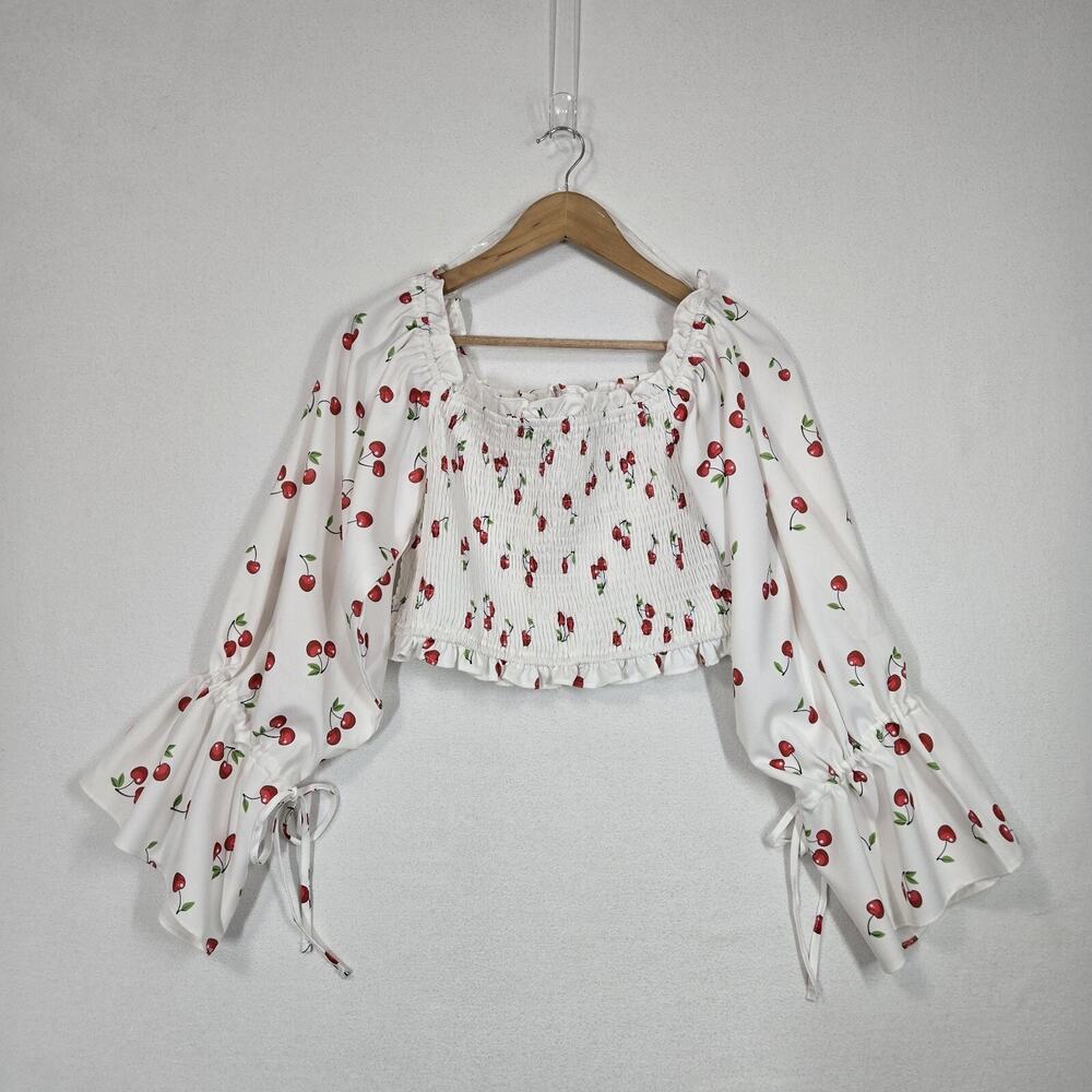 NWT Fashion to Figure Cherry Smocked Crop Top sz 1(14/16) Off Shoulder Coquette